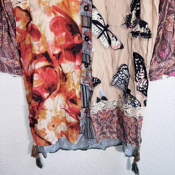 John Mark Tunic Top Womens Medium Boho Patchwork Butterfly Floral Long Shirt M - Picture 5 of 12